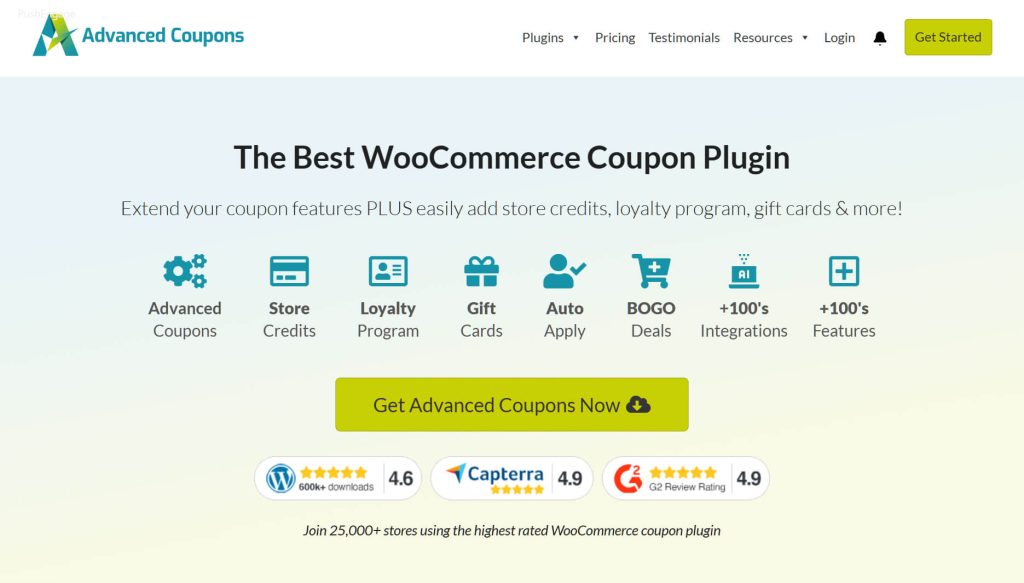 Website hero for Advanced Coupons plugin showcasing features like store credits, loyalty, gift cards, BOGO, and a prominent 'Get Advanced Coupons Now' button.