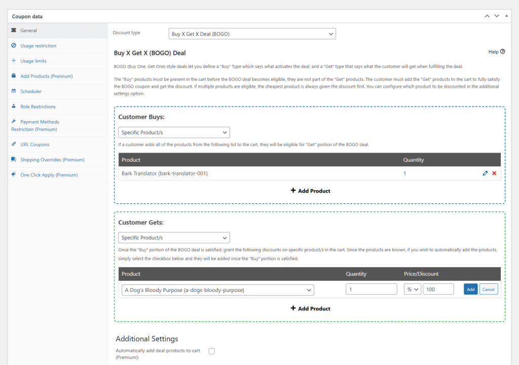 Screenshot of the "Coupon data" panel set to "Discount type: Buy X Get X Deal (BOGO)." The image shows the configuration for the BOGO rule: the Customer Buys a specific product ("Bark Translator" - Quantity 1) and Customer Gets a specific product ("A Dog's Bloody Purpose" - Quantity 1) at a 100% discount. The left sidebar shows several other coupon settings like Usage restriction, Scheduler, and Add Products (Premium).