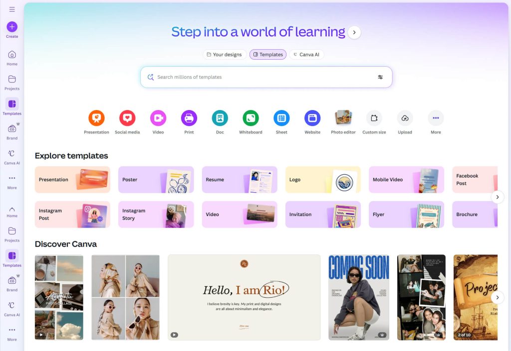 Canva templates homepage showing search bar, colorful design category icons, and a grid of template previews on a pastel gradient background.