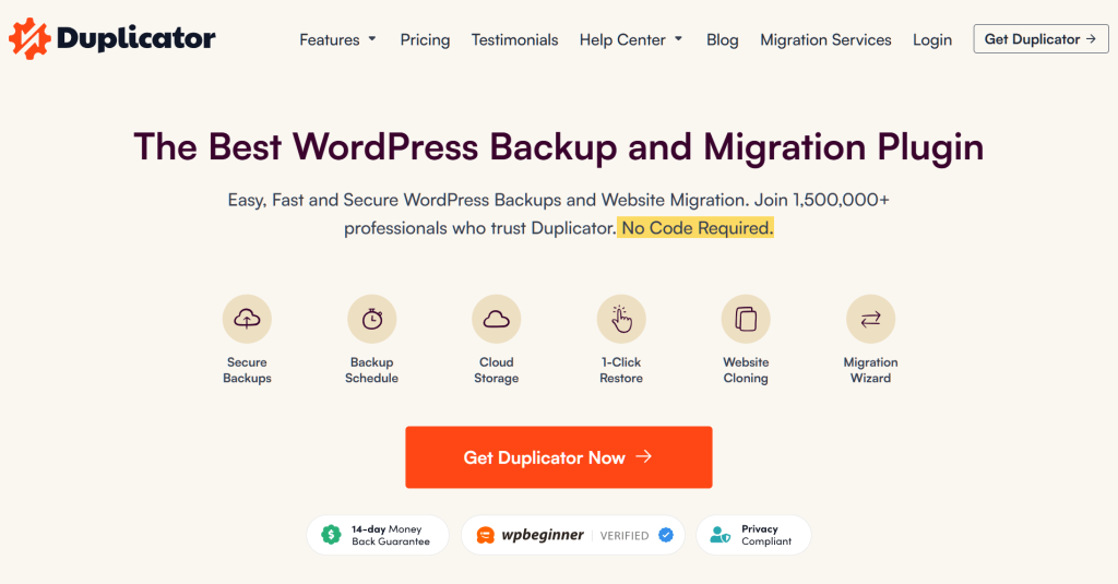 Duplicator landing page advertising a WordPress backup and migration plugin, showcasing secure backups, one-click restore, and an orange call-to-action.