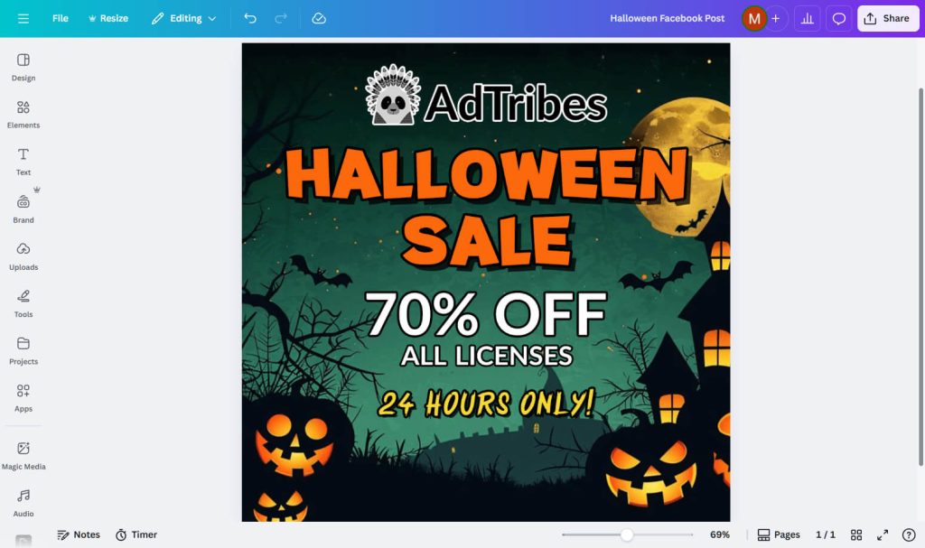 Screenshot of the Canva interface showing a finished Facebook post graphic for an "AdTribes Halloween Sale." The design features an orange-and-black spooky landscape with carved pumpkins, a full moon, and bats. The bold text reads: "HALLOWEEN SALE 70% OFF ALL LICENSES 24 HOURS ONLY!"