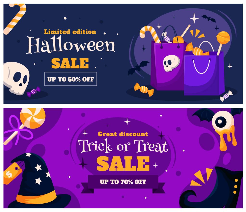 Two Halloween sale banners offering up to 50% and 70% off with skulls, candy, and witch hats.