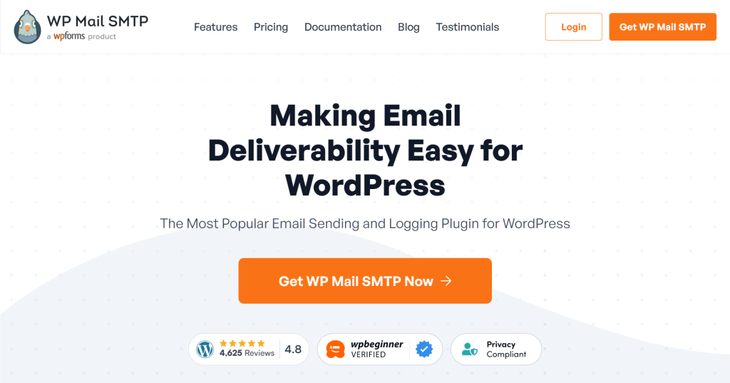 WP Mail SMTP website hero promoting easy WordPress email deliverability, featuring a bold headline, orange call-to-action button, and trust badges.