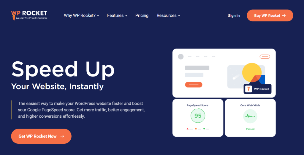 WP Rocket homepage showcasing a navy hero with large 'Speed Up' headline, CTA button, and illustrative dashboard showing PageSpeed 95 and passed Core Web Vitals.