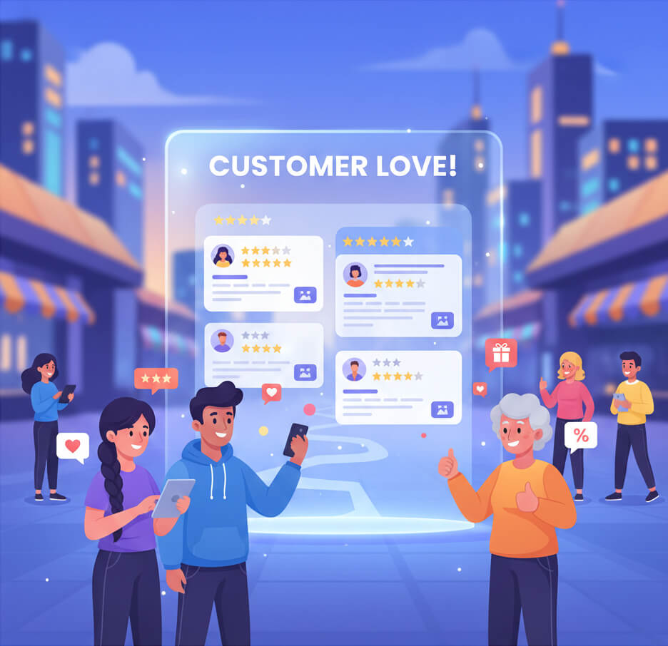 Diverse customers using smartphones and tablets give glowing star reviews on a large 'Customer Love' display in a vibrant city street.
