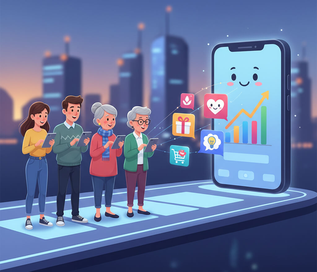Four people of different ages using tablets on a platform, engaging with a smiling smartphone displaying rising analytics and colorful app icons.