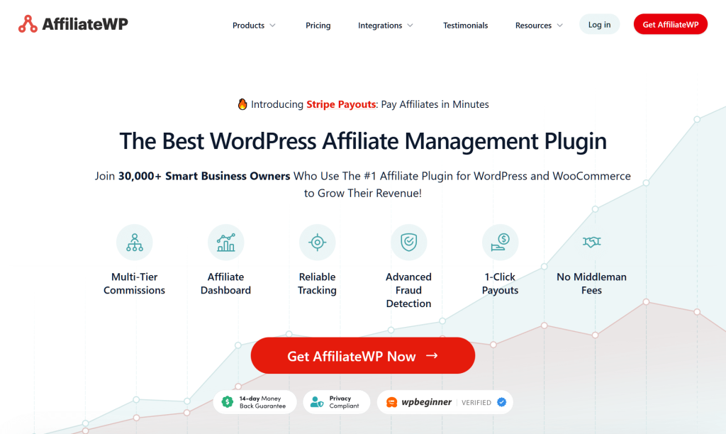 AffiliateWP homepage promoting a WordPress affiliate management plugin, featuring feature icons, growth graph background and a prominent red 'Get AffiliateWP Now' button.