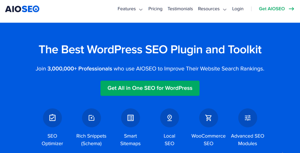 Website hero for AIOSEO showcasing a blue banner, headline promoting WordPress SEO plugin, green CTA button and feature icons.