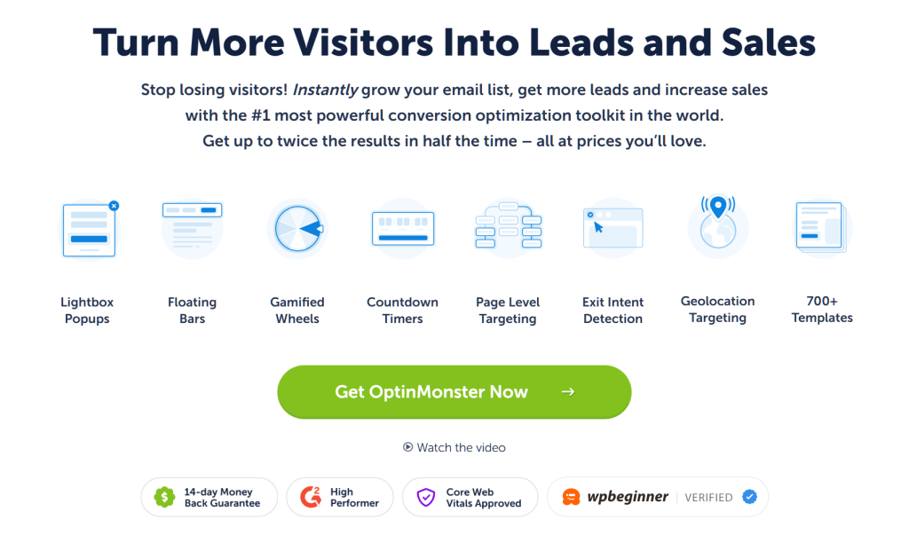 Website hero promoting OptinMonster: bold headline promising more leads, icons for popup tools, green 'Get OptinMonster Now' button and trust badges.