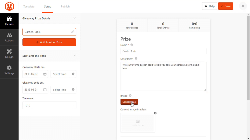 Administrator configuring a giveaway prize titled 'Garden Tools' in a web dashboard, filling details and selecting a prize image.