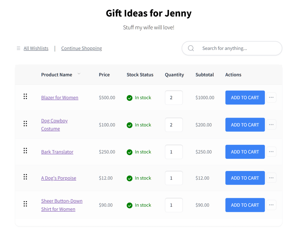 Web wishlist titled 'Gift Ideas for Jenny' showing five products, prices, quantities and blue 'Add to Cart' buttons on a clean page.