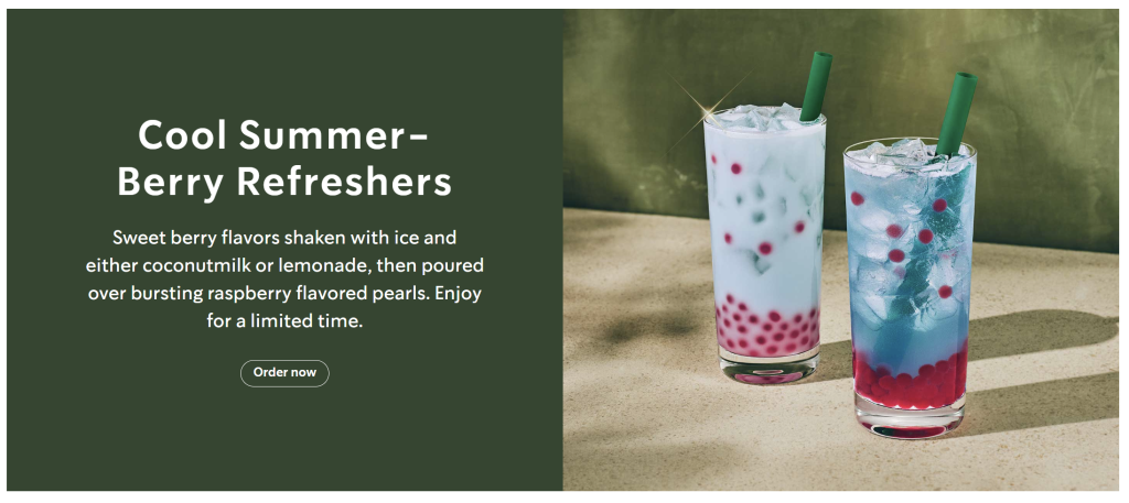 Starbucks summer campaign banner showcasing berry refresher drinks with promotional copy