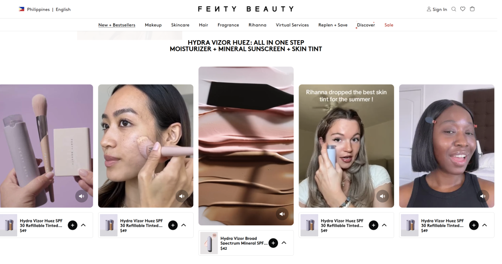 Fenty Beauty homepage showcasing user-generated videos of customers applying makeup, highlighting different skin tones and textures