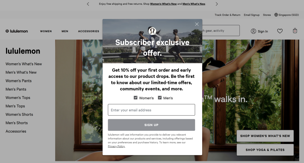 Lululemon homepage pop-up offering 10% off and early access for email signups