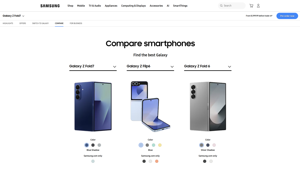 Samsung smartphone comparison feature showing side-by-side models to help users choose