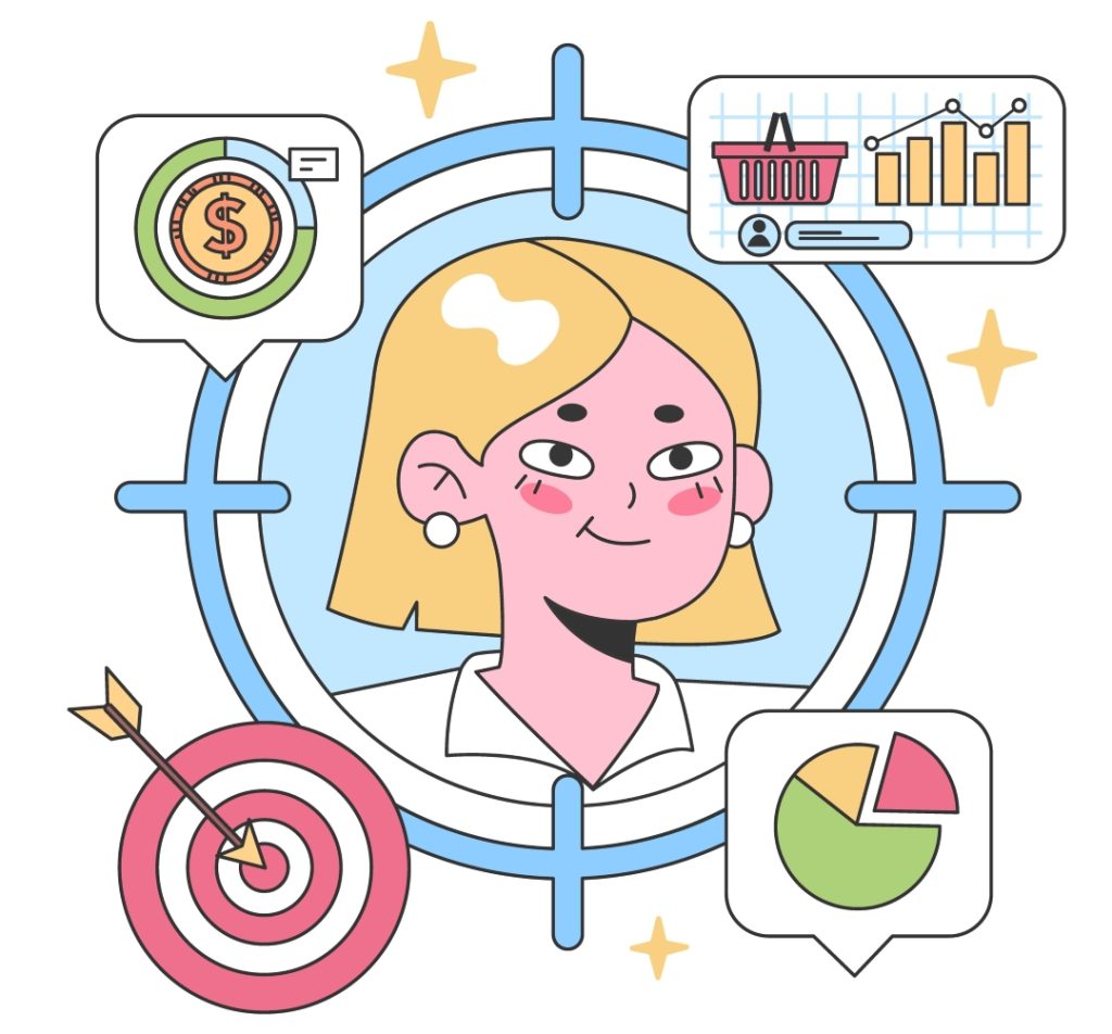 Illustration of a buyer persona surrounded by icons like target, shopping cart, pie chart, and money symbols, representing customer profiling.