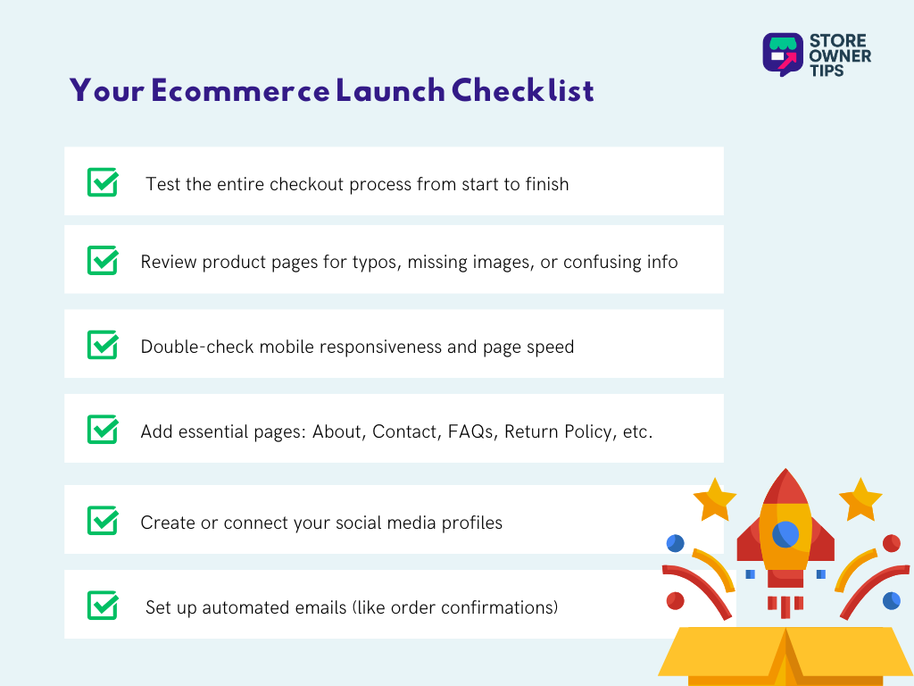 A launch checklist with items such as testing checkout, reviewing product pages, checking mobile responsiveness, adding essential pages, and setting up emails