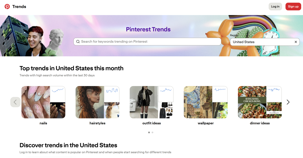 Screenshot of Pinterest Trends homepage showing top trending searches like nails, hairstyles, and dinner ideas in the United States