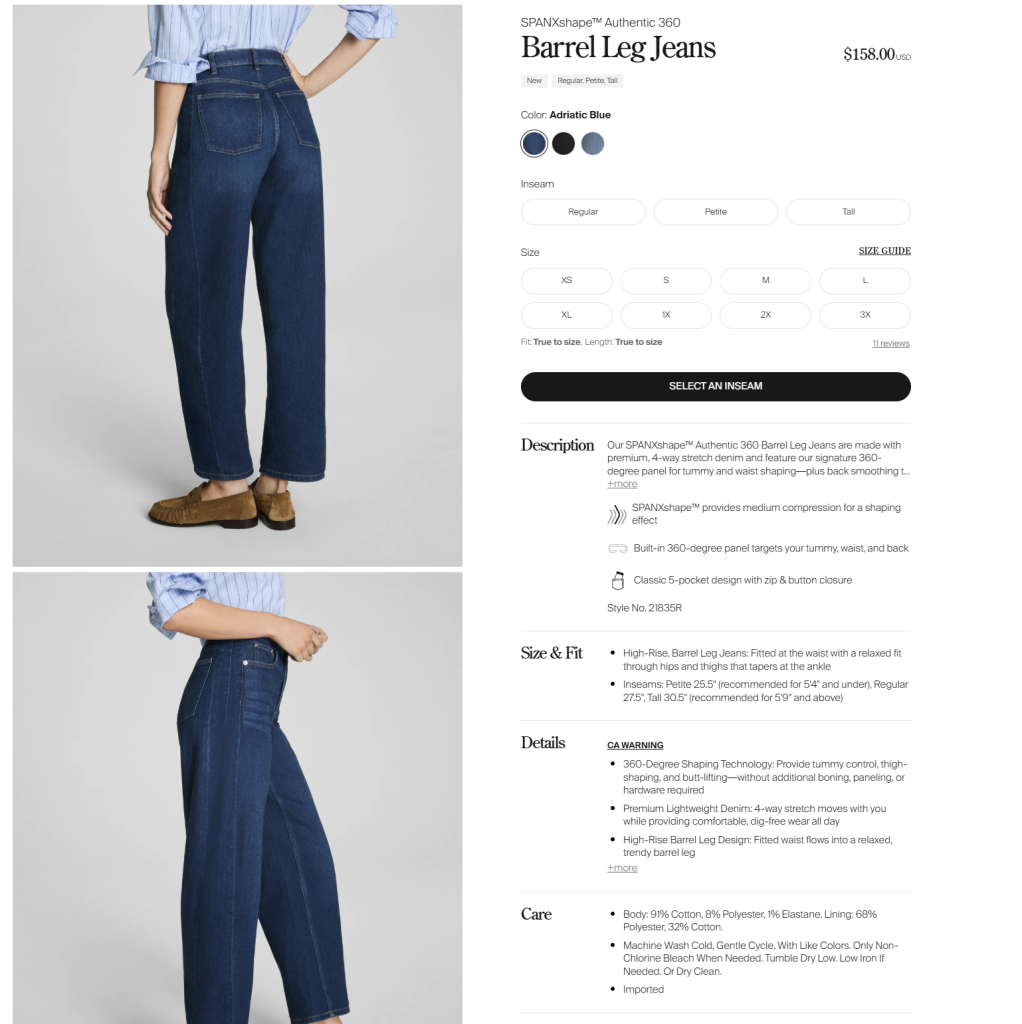 Screenshot of a product page for Spanx Barrel Leg Jeans showing product images, sizing, pricing, description, reviews, and details 