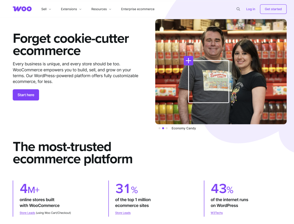 WooCommerce homepage highlighting its customizable ecommerce features, trusted platform stats, and a call-to-action to get started.