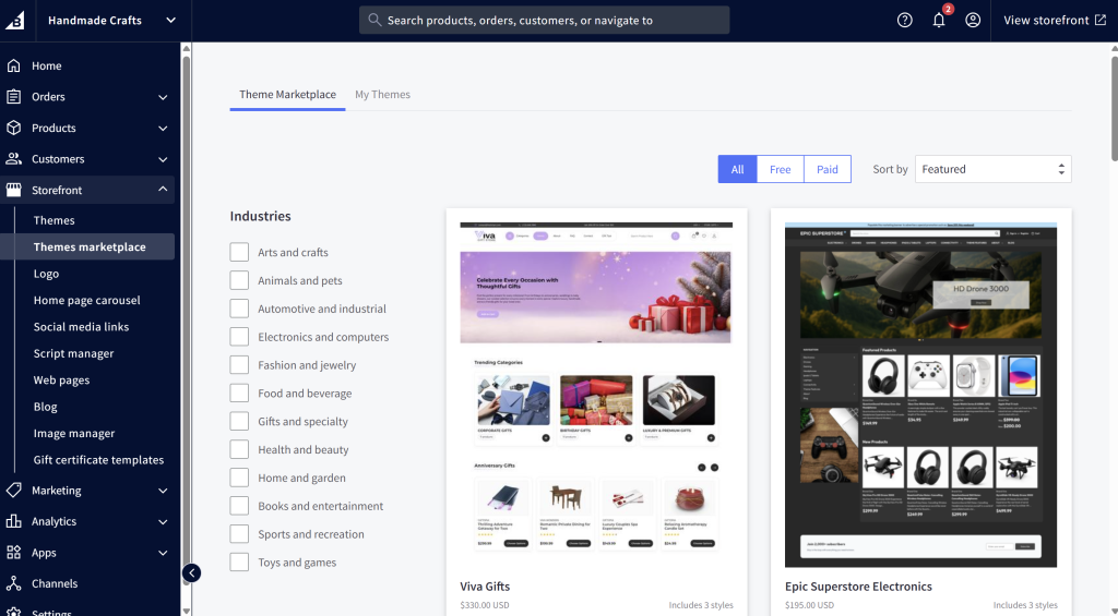 BigCommerce-dashboard - Store Owner Tips BigCommerce theme marketplace showing template previews for ecommerce stores across various industries and price ranges.