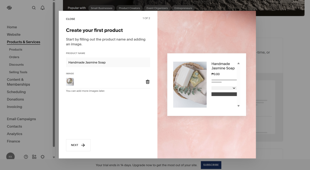 Squarespace-Product-Maker - Store Owner Tips Squarespace product creation screen showing form fields for product name and image, with preview of listing for handmade jasmine soap