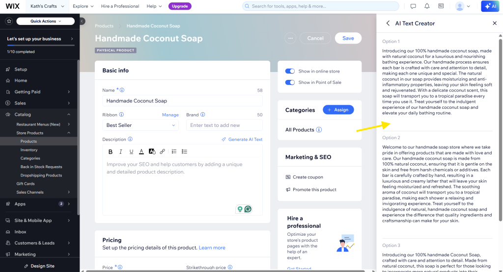 Screenshot of Wix’s AI text generator used for writing product descriptions, showing multiple generated options for a handmade soap listing.