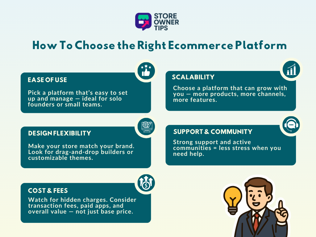 choosing-the-best-ecommerce-platforms-for-small-businesses-infographic - Store Owner Tips Infographic highlighting five important criteria for choosing an ecommerce platform: ease of use, scalability, design flexibility, cost and fees, and support/community.