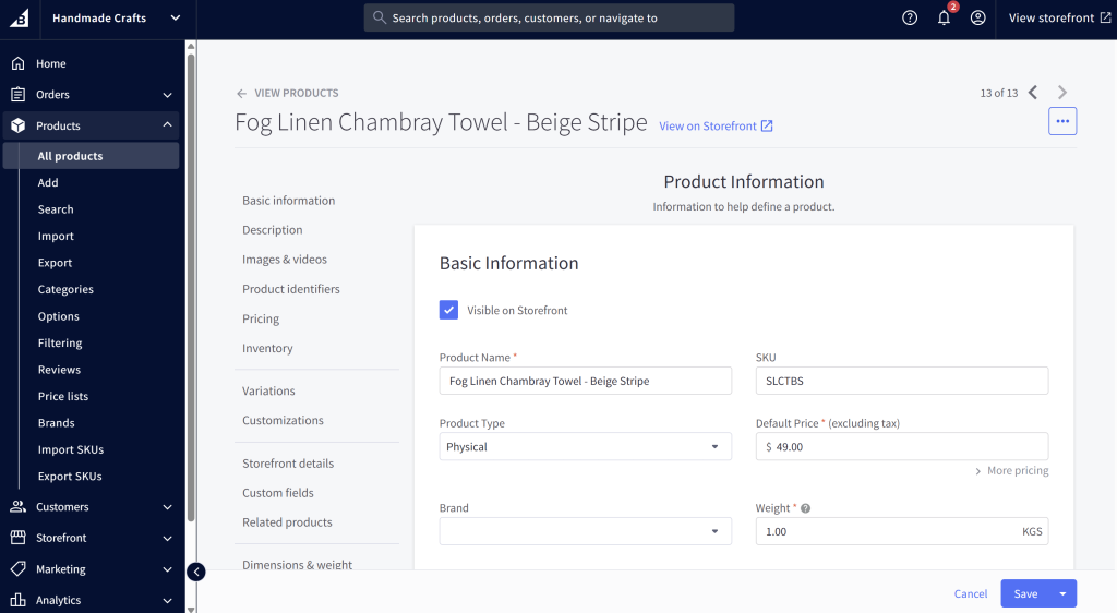 productmaker-bigcommernce - Store Owner Tips BigCommerce dashboard showing product information setup screen for a linen towel, with tabs for pricing, images, inventory, and more.