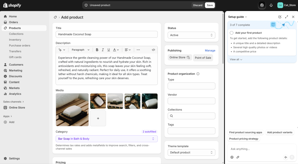 shopify-setup-guide - Store Owner Tips Screenshot of Shopify’s Add Product page with setup checklist and product listing fields for a handmade soap product.