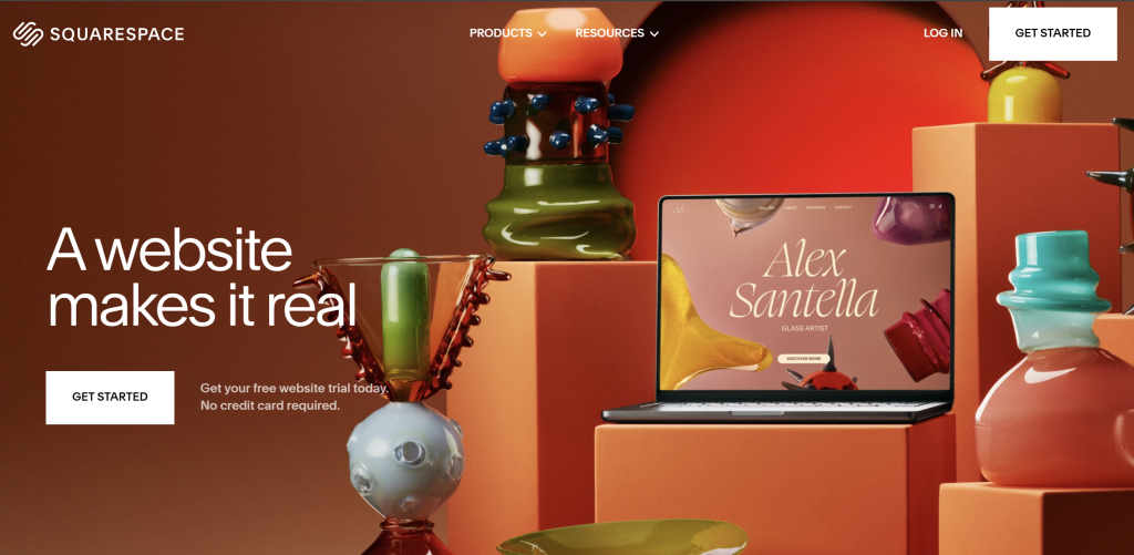 Squarespace homepage featuring vibrant design, elegant website mockups, and the tagline “A website makes it real.”