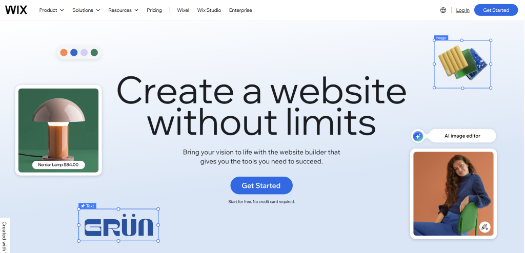 Wix homepage showcasing visual tools and tagline “Create a website without limits,” featuring product cards and AI image editor tools 