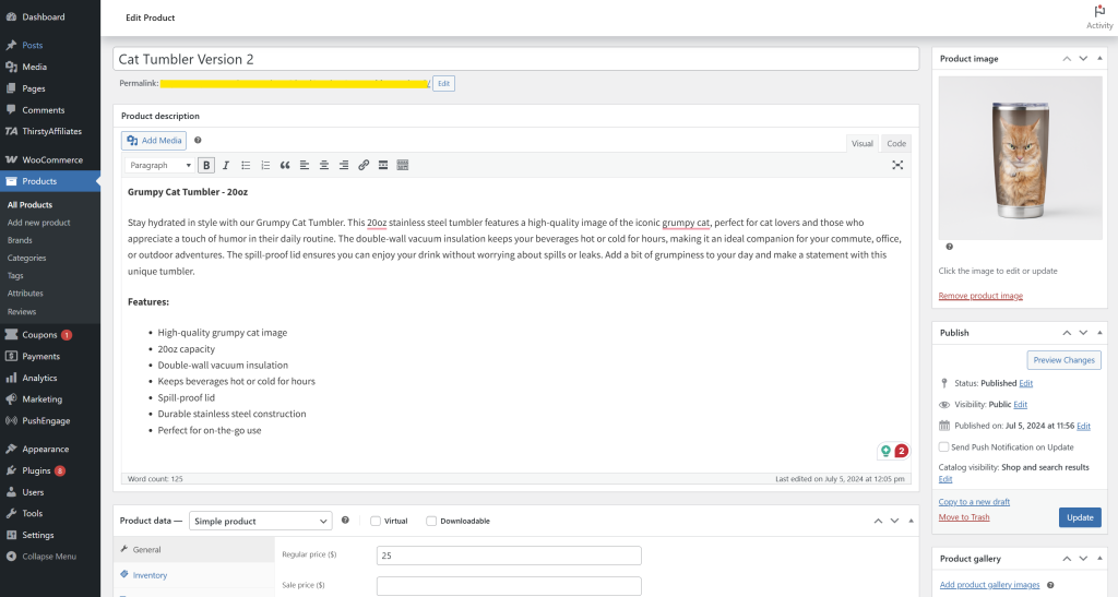 WooCommerce product editor interface in WordPress, showing detailed product description for a Grumpy Cat tumbler.