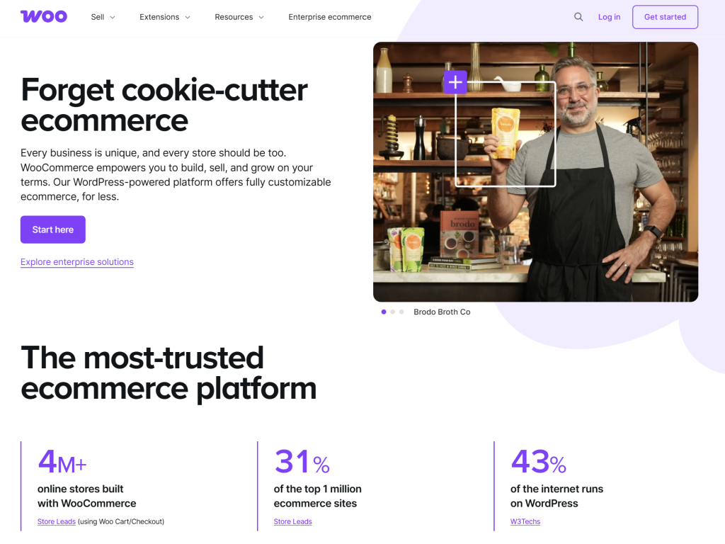 woocommerce-homepage - Store Owner Tips WooCommerce homepage showing key stats and tagline about flexible, customizable ecommerce for WordPress users
