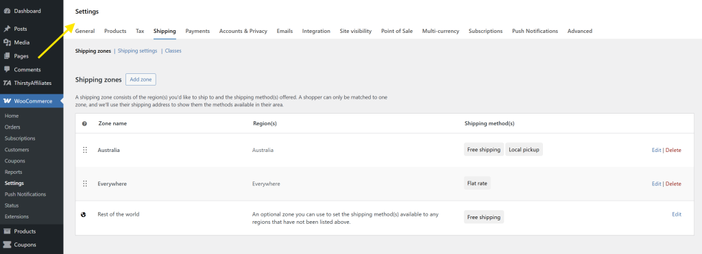 WooCommerce shipping settings page showing different shipping zones and corresponding methods like free shipping and flat rate.