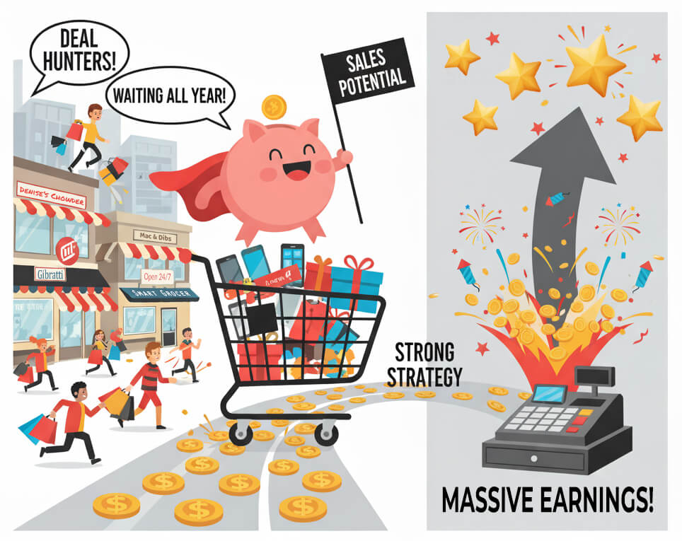 Illustration of Black Friday shopping rush, a cart full of products, and a cash register exploding with coins, symbolizing sales potential and massive earnings.