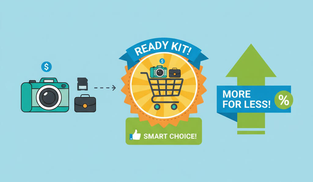 Flat infographic showing a camera and accessories turning into a Ready Kit shopping-basket badge, promoting smart choice and 'more for less' savings.
