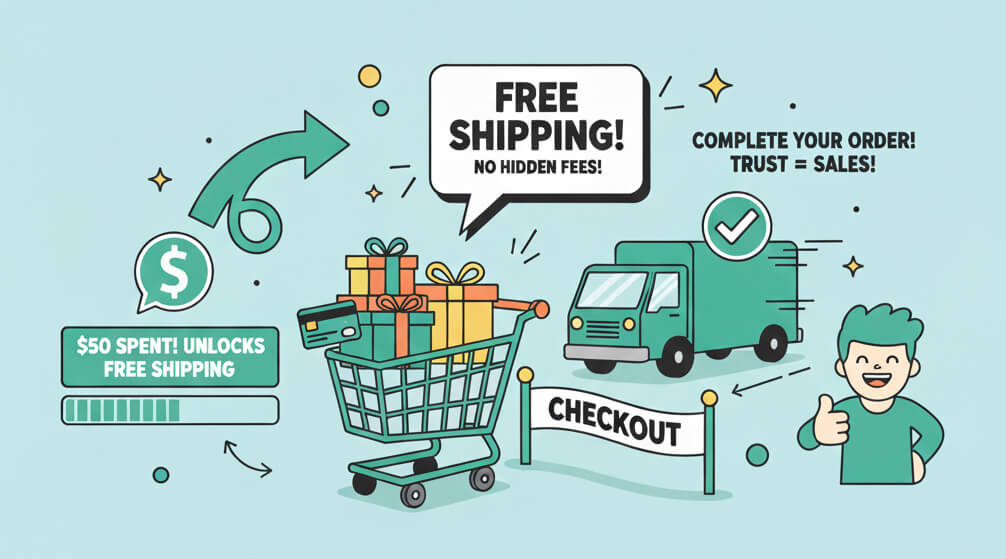 Shopping cart filled with gifts at checkout, promoting free shipping and  unlock, delivery truck nearby, cheerful customer giving thumbs up.