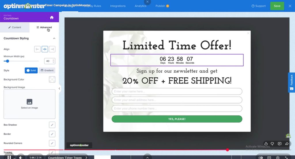 OptinMonster editor showing a 'Limited Time Offer' popup with a countdown timer, newsletter signup fields, and green CTA button.