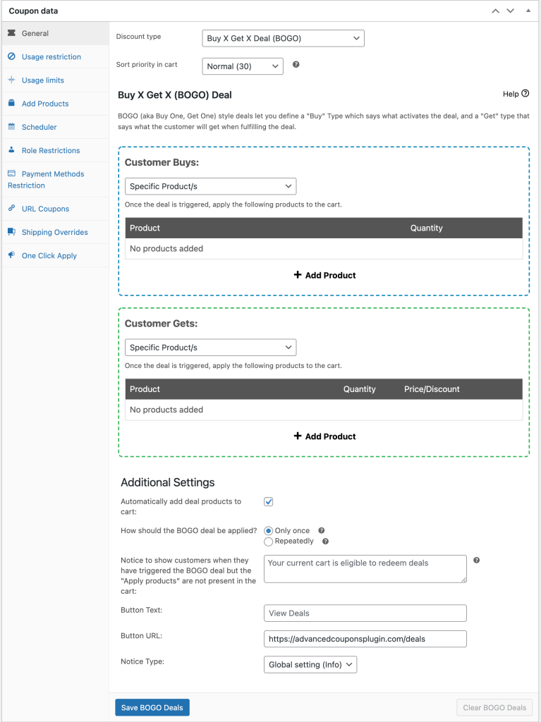 E-commerce admin panel showing Buy X Get X (BOGO) Deal coupon settings with customer Buys and Gets product sections and additional options.