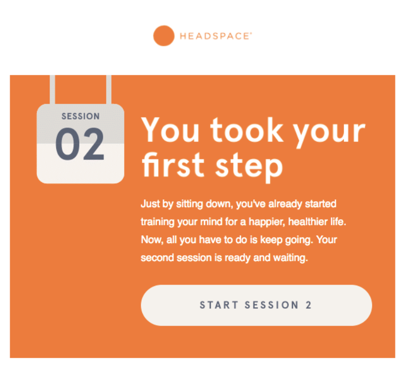 Headspace congratulatory graphic announcing 'You took your first step', showing Session 02 badge and inviting the user to start session two.