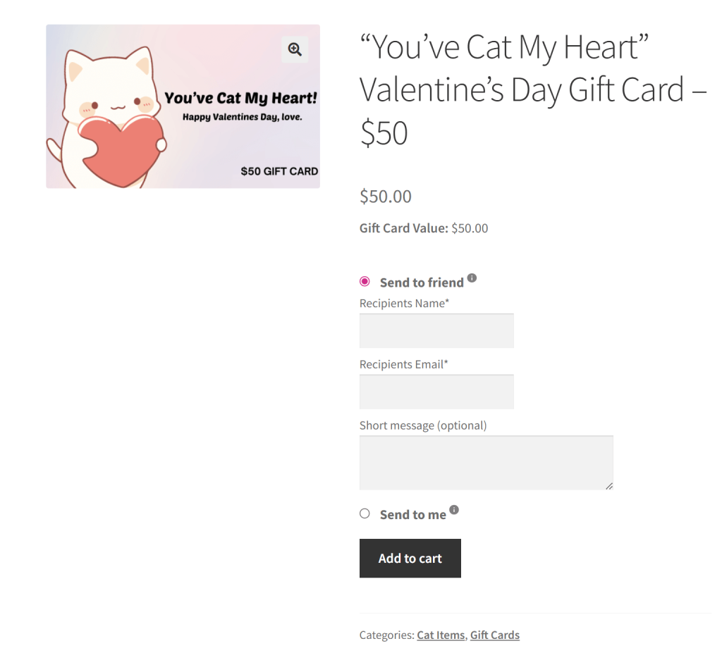 Cartoon white cat holding a pink heart on a Valentine's Day $50 gift card product page, with recipient fields and 'Add to cart' button.