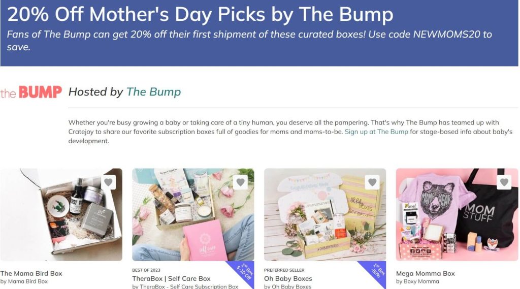 Webpage banner promoting 20% off Mother's Day picks from The Bump, displaying curated subscription boxes and pastel product photos.
