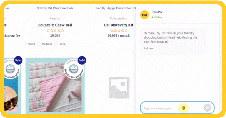 E-commerce pet store product page showing a pink quilted pet blanket listing, price and sizes, with a 'PawPal' live chat assistant visible.