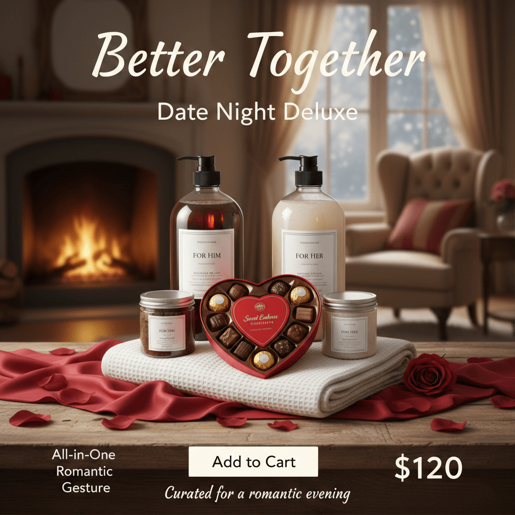 A curated 'Date Night Deluxe' gift set—body washes, candles, and heart-shaped chocolates arranged on a towel beside a rose before a cozy fireplace.