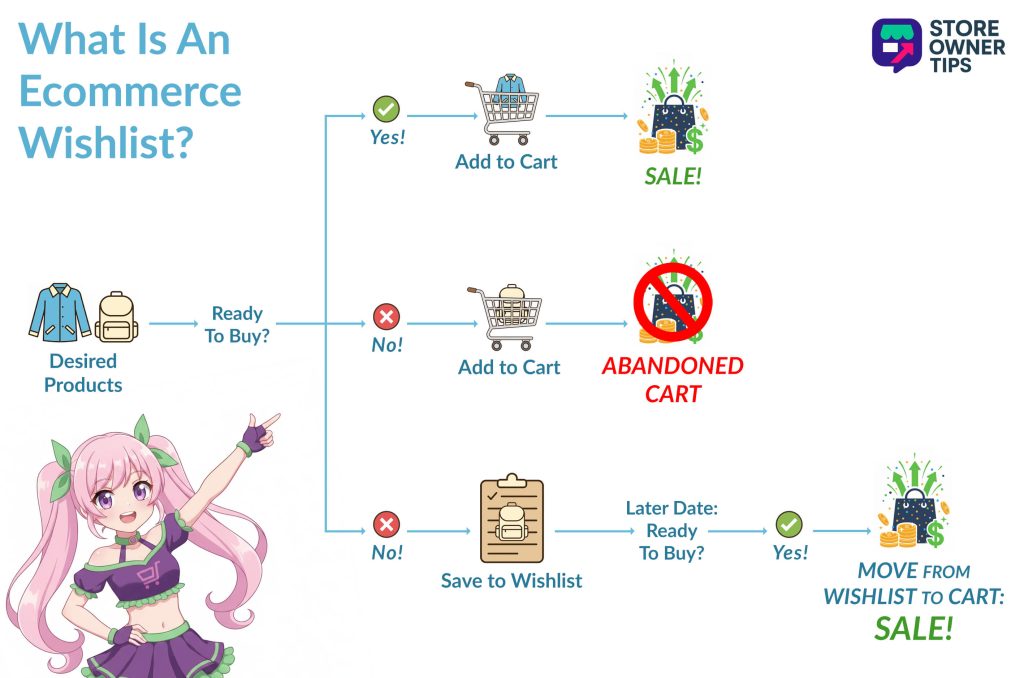 Infographic explaining e-commerce wishlist flow: customers either buy immediately, abandon carts, or save items to wishlist for later purchase.