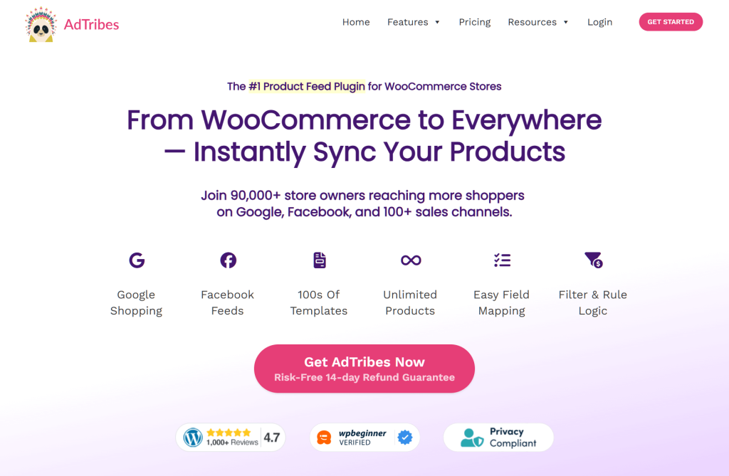 AdTribes landing page showing purple headline and pink CTA, promoting instant WooCommerce product sync to Google, Facebook, and 100+ sales channels.