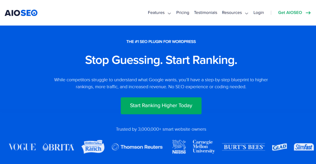 AIOSEO homepage hero promoting the WordPress SEO plugin with bold Stop Guessing. Start Ranking. headline, blue background, green call-to-action button and partner logos.