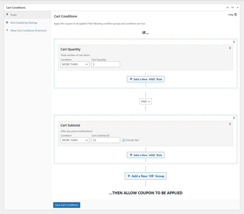 Admin cart conditions screen showing rules: cart quantity more than 3 and cart subtotal more than  (including tax), allowing coupon.