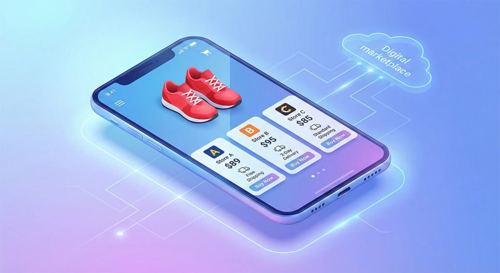comparison-shopping-engine-header - Store Owner Tips A smartphone screen comparing the price of red running shoes across three different online stores.